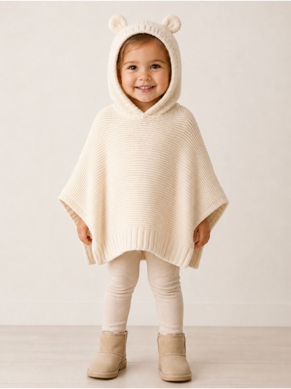 GAP Kids Baby Toddler Cozy 100% Cotton Cream Knit Hooded Poncho Bear Ears Unisex